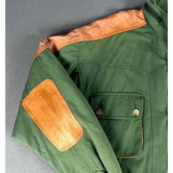 Willis Geiger Jacket Mens Large Green Leather Elbow Patch Field Chore Safari - Picture 9 of 16